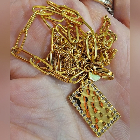 #Touchstone Golden Crystal Hammered Rect Pendant Dble Chain Necklace #NWOT #NIB - Picture 1 of 8